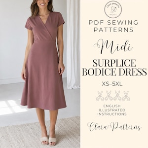 May include: A dusty rose midi dress with a surplice bodice and short sleeves. The text reads: Clara patterns, PDF SEWING PATTERNS, Midi SURPLICE BODICE DRESS, XS-5XL, ENGLISH ILLUSTRATED INSTRUCTIONS, Clara Patterns. Four scissor icons are displayed.