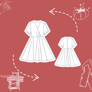 May include: Illustration of the steps involved in making a dress. The steps include: creating a pattern, sewing on a sewing machine, pinning the fabric, and finally, the finished dress.