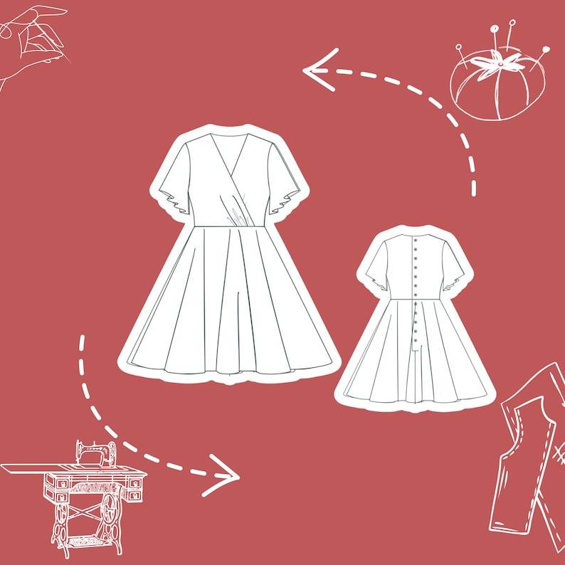 May include: Illustration of the steps involved in making a dress. The steps include: creating a pattern, sewing on a sewing machine, pinning the fabric, and finally, the finished dress.