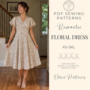 May include: A beige floral dress with a V-neckline and flutter sleeves. The text reads: PDF SEWING PATTERNS, Romantic FLORAL DRESS, XS-5XL, STEP BY STEP DETAIL ILLUSTRATED INSTRUCTIONS, Clara Patterns. The design features a wrap-style bodice.
