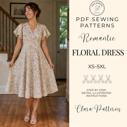 Patron de couture pour robe portefeuille fleurie : Midi à manches flottantes, romantique