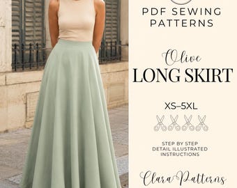 Maxi Skirt Sewing Pattern, Full Circle High Waist PDF XS-5XL