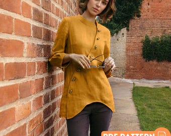 Damen PDF Schnittmuster Tunika Bluse, Stehkragen Top, DIY Nähprojekt, Langarmshirt Digital Pattern