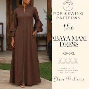 Abaya Maxi Dress Sewing Pattern, Front Zip Ruffle Bell Sleeve PDF