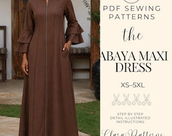Abaya Maxi Dress Sewing Pattern, Front Zip Ruffle Bell Sleeve PDF