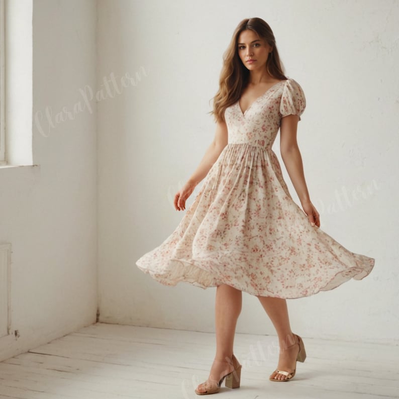 May include: A woman wearing a white midi dress with a floral print and short sleeves. The dress has a V-neckline and a fitted bodice. The skirt is full and flowing. The woman is wearing gold heels.