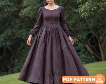 Vintage Prairie Kleid Schnittmuster PDF, Langarm gerafft Rock Design, DIY Cottagecore Maxi Kleid Anleitung