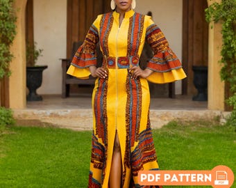 Afrikanisches Maxikleid Schnittmuster PDF, Ankara Stil mit Trompetenärmeln, Reißverschluss vorne mit Schlitz, DIY Damen Outfit Anleitung