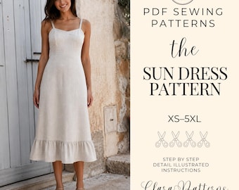 Linen Ruffle Dress Sewing Pattern: Sleeveless Straps, XS-5XL (PDF Pattern)