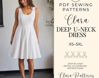 Dress Sewing Pattern, Deep U-Neck Summer Dress PDF XS-5XL