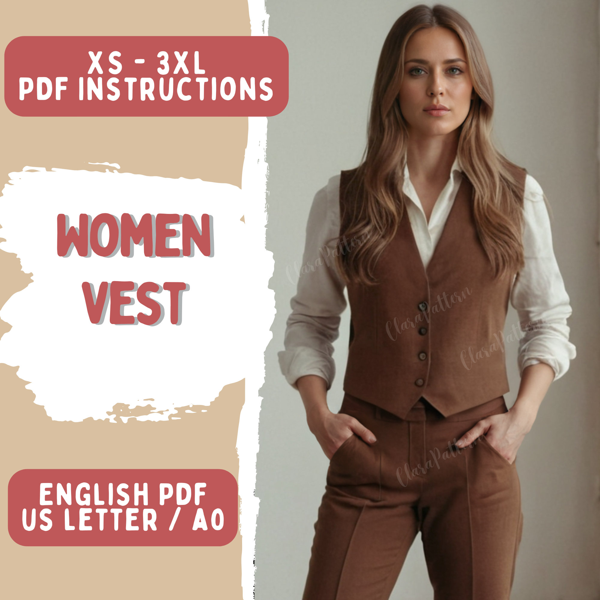 Women Vest Sewing Pattern, Ladies Waistcoat Pattern, PDF Pattern in A0, US Letter, Top Sewing Pattern for Women, Women Vest Pattern