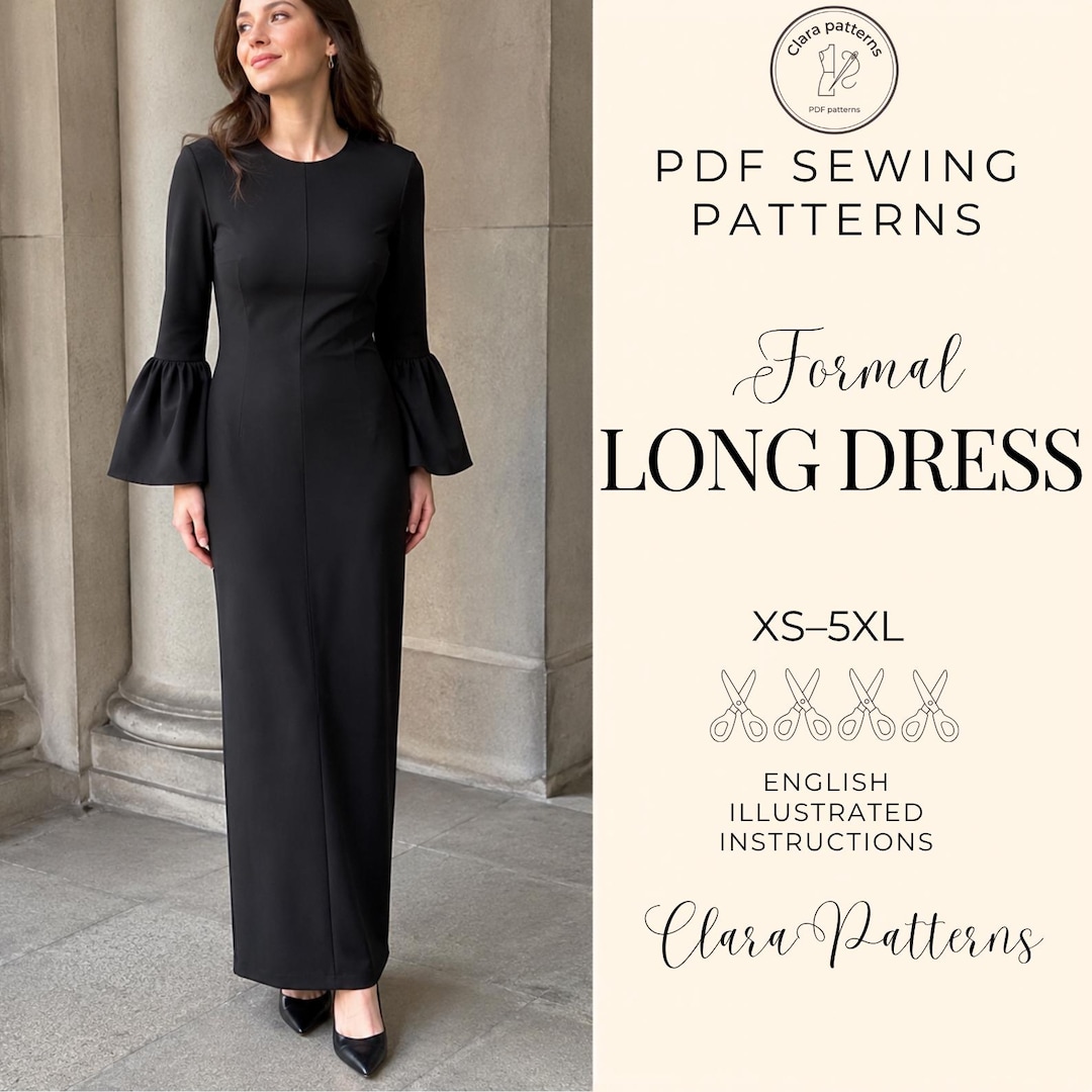bell sleeve maxi dress pattern Retro Bell Sleeve Maxi Dress Sewing Pattern, V Neck Gown(pdf Pattern)