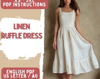 Straps Sewing Linen Dress, PDF Pattern, US letter A0 Pattern, XS-5XL Step by Step Instructions, Ruffle Dress, Sleeveless Dress Pockets