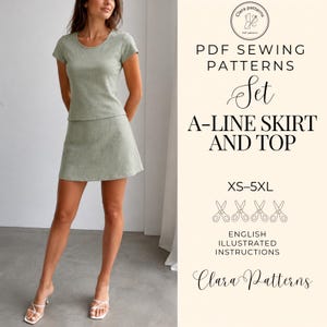 May include: A sage green short-sleeved top and A-line skirt set. The text reads: Clara patterns, PDF SEWING PATTERNS, Set, A-LINE SKIRT AND TOP, XS-5XL, ENGLISH ILLUSTRATED INSTRUCTIONS, Clara Patterns. Four scissor icons are displayed below the size range.