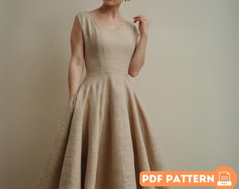 Vintage Linen Midi Dress Sewing Pattern: Flared Skirt, Scoop Neck (PDF Pattern)