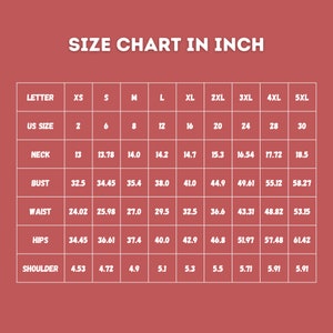 May include: Size chart in inches for clothing, showing measurements for neck, bust, waist, hips, and shoulder in sizes XS to 5XL.