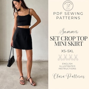 May include: A black two-piece set consisting of a sleeveless crop top with thin straps and a matching mini skirt. The text on the right reads PDF SEWING PATTERNS, Summer SET CROP TOP MINI SKIRT, XS-5XL, ENGLISH ILLUSTRATED INSTRUCTIONS, Clara Patterns.