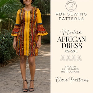 May include: A yellow dress with a front zip and bell sleeves, featuring vertical panels of red, blue, and black patterned fabric. The text reads: PDF SEWING PATTERNS, Modern AFRICAN DRESS, XS-5XL, ENGLISH ILLUSTRATED INSTRUCTIONS, Clara Patterns.