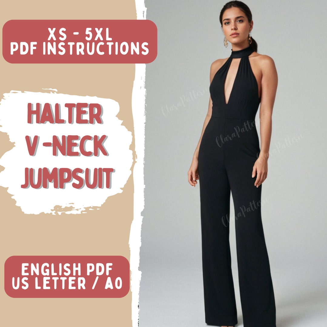 Halter V-neck Jumpsuit Sewing Pattern: Open Back Romper (PDF Pattern ...