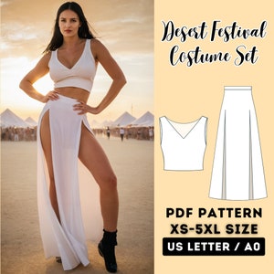 May include: PDF sewing pattern for a white crop top and a white maxi skirt with a high slit. The pattern is available in sizes XS-5XL and is printed on US Letter or A0 paper. The text "Desert Festival Costume Set" is displayed in the image.