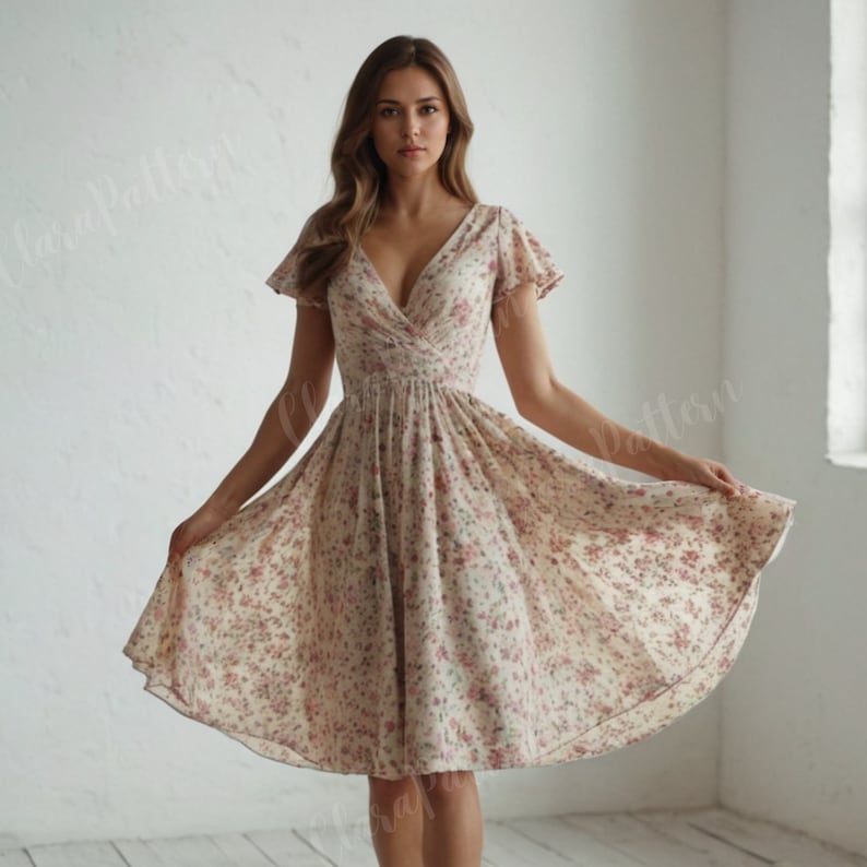 May include: A white dress with a floral print and a V-neckline. The dress has short sleeves and a flowy skirt.