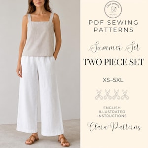 Può includere: Un cartamodello PDF in due pezzi di Clara Patterns con una canotta beige a scollo quadrato e pantaloni bianchi a gamba larga. Il testo include PDF SEWING PATTERNS, Summer Set, TWO PIECE SET, XS-5XL e ENGLISH ILLUSTRATED INSTRUCTIONS.