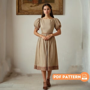 Cottagecore Puff Sleeve Dress PDF Sewing Pattern, Vintage Midi Dress DIY, Romantic Square Neckline Design for Handmade Wardrobe