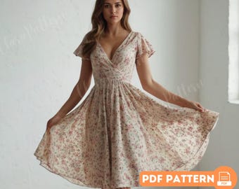 Blumen-Wickelkleid Schnittmuster PDF, Flattern Ärmel Raffung Taille Design, DIY Romantische Sommer Midi Kleid Anleitung