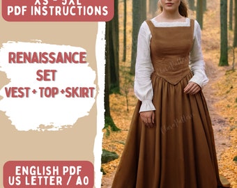 Renaissance Set PDF Sewing Pattern (Vest + Top + Skirt) | XS-5XL | Cottagecore, Fantasy, Medieval, and Ren Faire Costume