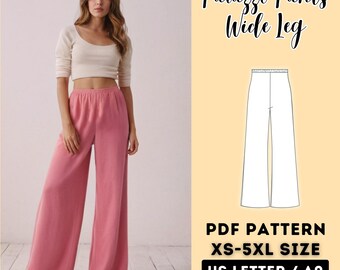 Puede incluir: Una mujer con un top corto color crema y pantalones palazzo rosas. Los pantalones son de pierna ancha y de cintura alta. El texto a la derecha dice "Palazzo Pants Wide Leg" y "PDF PATTERN XS-5XL SIZE US LETTER / AO".