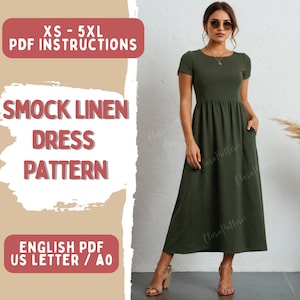 Women sewing Dress, PDF Pattern, Gathering Dress, smock dress pattern, linen dress, easy sewing dress with pockets, XS to 5XL