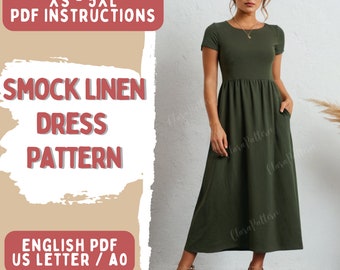 Women sewing Dress, PDF Pattern, Gathering Dress, smock dress pattern, linen dress, easy sewing dress with pockets, XS to 5XL