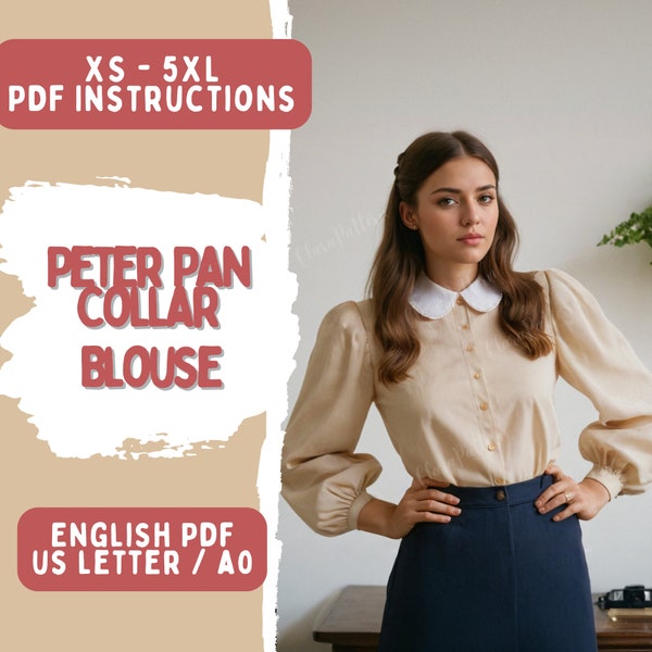 Bishop Sleeve, Peter Pan Collar, Vintage Blouse, PDF Pattern, Retro Shirt, Buttoned Blouse, XS-5XL, Sewing Blouse