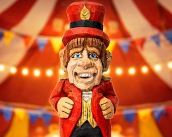 Handcarved Circus Ringmaster Wood Figurine | Whimsical Folk Art Sculpture