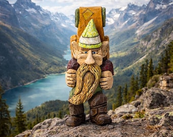 Joseph Greencone Stonewalk - handcarved gnome with big orange backpack