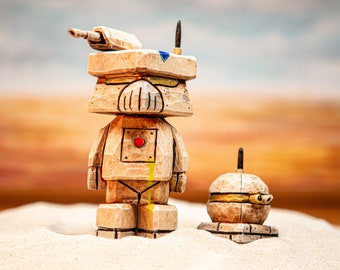 Handcarved Wooden Space Scout & Droid: Basswood Figurine Set