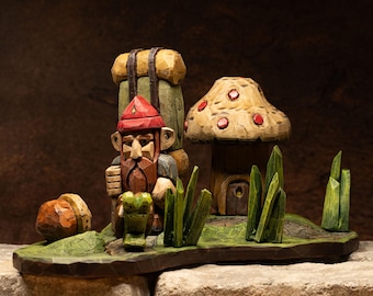Gerald Strollpath and Titus Coppershell - handcarved fantasy gnome scene