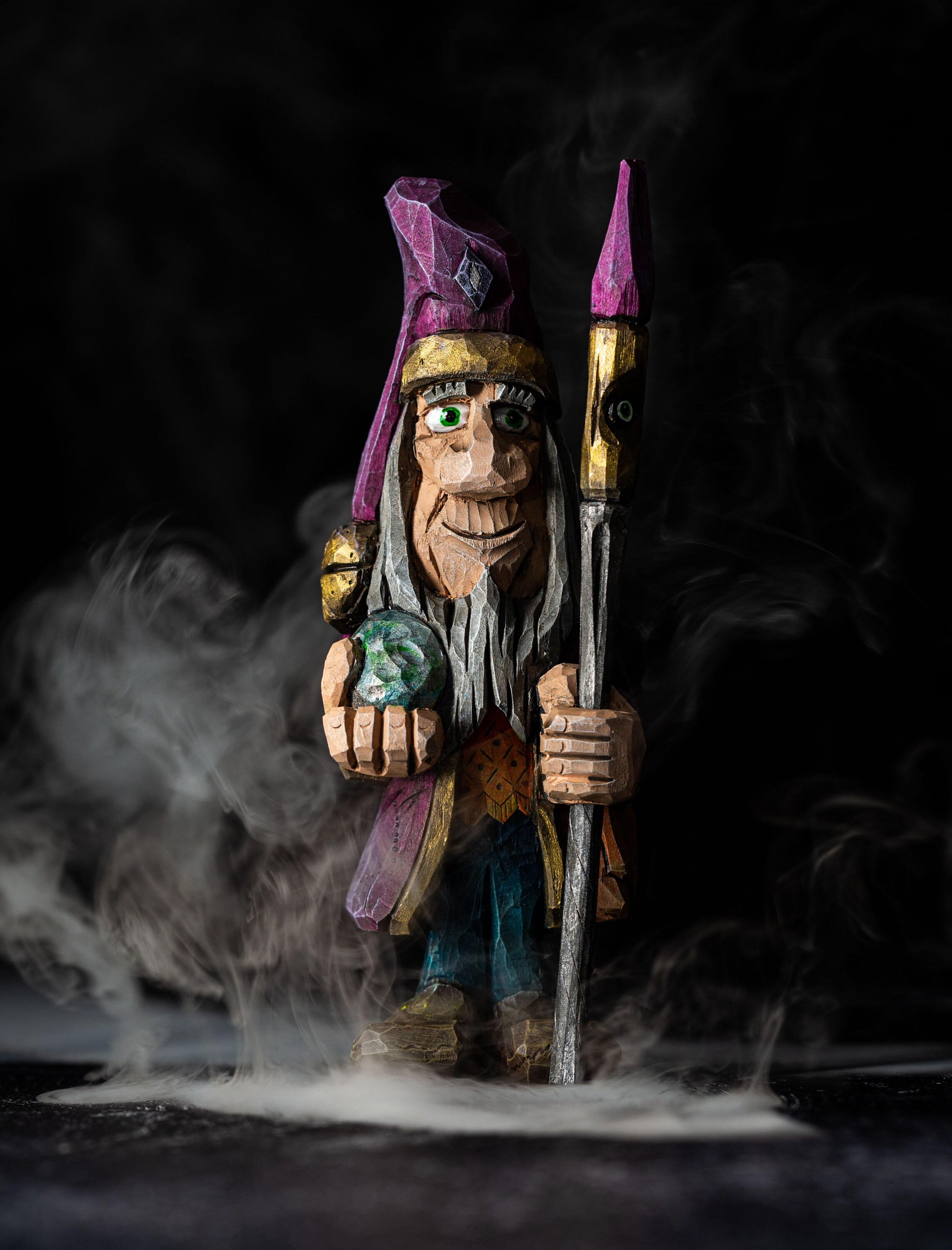 Mage Edward Quinacridone - handcarved friendly wizard with staff and looking-sphere