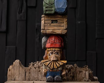 Anders Brushstoop - big mustachioed gnome, bigger backpack - handcarved caricature