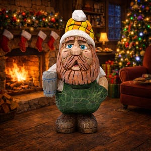 Handcarved Wood Santa-Style Figurine with Coffee | One of a Kind Whimsical Holiday Art | Unique Christmas Gift | Folk Art Carving