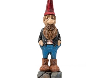 Gerald Waldomar - handcarved gnome with a fancy jacket and striped sweater.