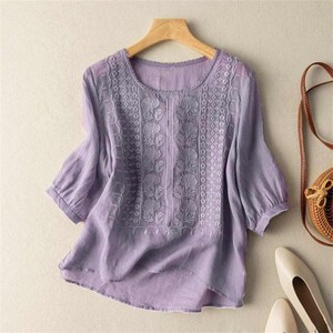 Casual Summer Elegnt Shirts Women's Sleeve Work Tops Casual Loose Cotton Blouses; Gift For Her,O Neck Floral Embroidery Blouse