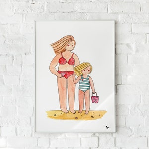 Mujer y niña en la playa - Impresión artística, ilustración en acuarela hecha a mano - Póster para decoración de dormitorio