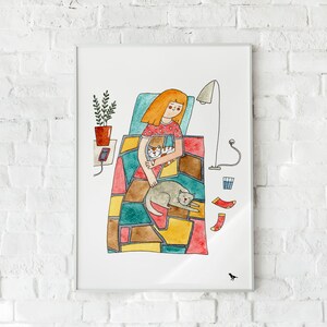 Cute girl with cats - Fine art print, simple handmade watercolor illustration - Wall art