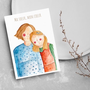Biglietto d'auguri A6 acquerellato fatto a mano - Due ragazze spalla a spalla - Per sorella, amica o amante - Regalo personalizzabile