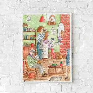 Poster acquerello per parrucchiere - Illustrazione accogliente per decorazione murale o regalo per parrucchiere - arredamento vintage, arte naif - Stampa fine art