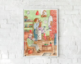 以下が含まれることがあります： 美容院のシーンを描いた水彩イラスト。美容師がお客様の髪をカットし、別のお客様が鏡を見ています。年配の方が本を読んでいます。サロンには商品の棚があり、赤いレンガの壁があります。