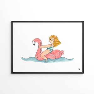 Funny girl on flamingo - Beach, sea drawing - Fine art print, watercolor illustration