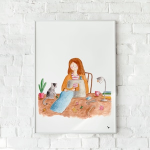 Poster di cucito ad acquerello con gatto - Disegno fatto a mano, Illustrazione decorativa da parete accogliente, Regalo originale per sarta - Stampa fine art