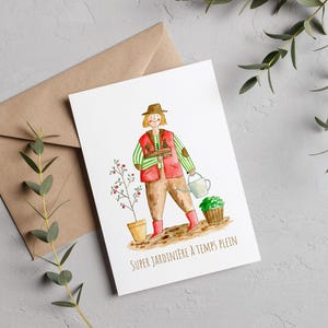 Carte Aquarelle A6 – Super Jardinière à Temps Plein – Carte Mignonne Fait Main – Cadeau Nature et Jardin